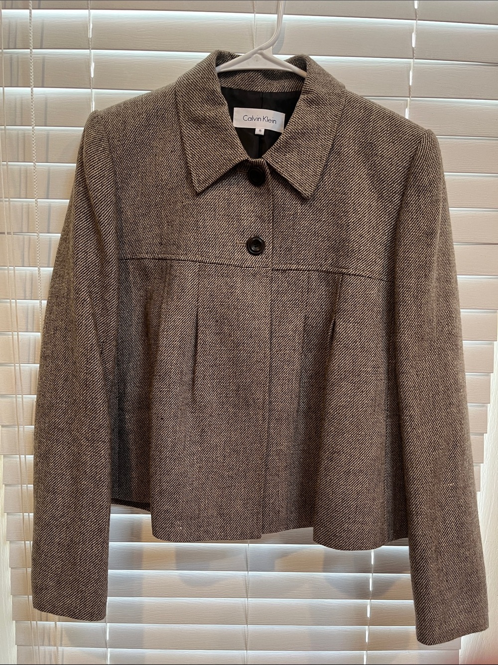 Calvin Klein Brown-Gray Herringbone Cropped Blazer